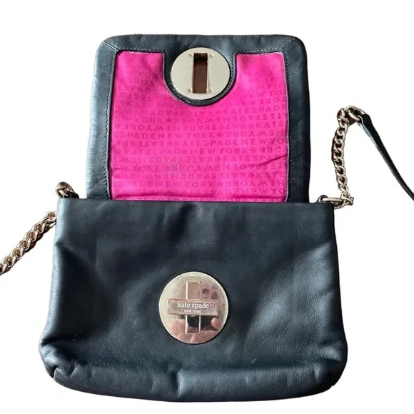 Kate Spade quilted front flap foldover flap w/chain, silver medallion closure B7